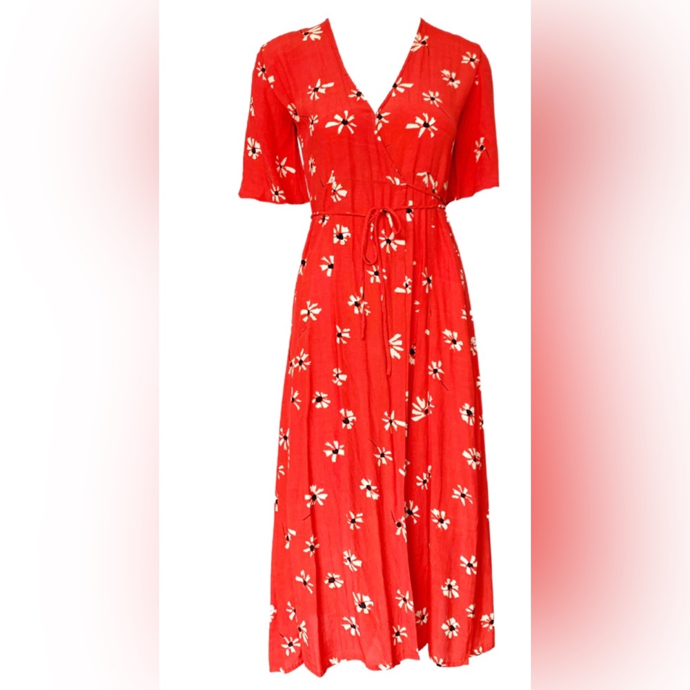 Faithfull the Brand Anthropologie Riviera Red Floral Midi Wrap Dress Size Medium